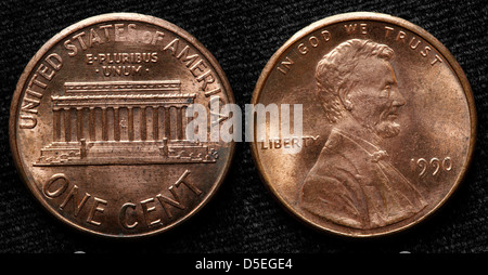 1-Cent-Münze, Lincoln Memorial, USA, 1990 Stockfoto