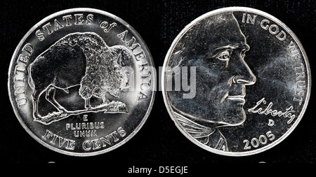 5 Cent Münze, Thomas Jefferson, amerikanischer Bison, USA, 2005 Stockfoto