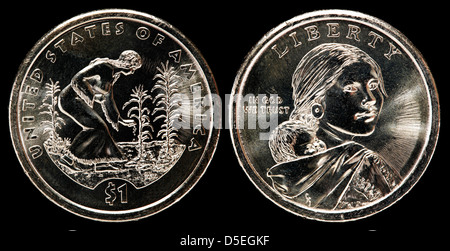 1 Dollar Münze, Sacagawea Dollar, indianische weibliche Pflanzen Mais, Bohnen und Kürbis, USA, 2009 Stockfoto