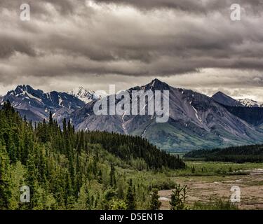 27. Juni 2012 - Denali Borough, Alaska, USA - die kehren Blick vom der Teklanika River Overlook 6 Millionen Acre (24, 500åÊkm) spektakulär malerische Denali Nationalpark & zu bewahren. Der geflochtene Teklanika River ist unten rechts und in der Ferne sind die schroffen Gipfeln der majestätischen Berge der Alaska Range. (Kredit-Bild: © Arnold Drapkin/ZUMAPRESS.com) Stockfoto