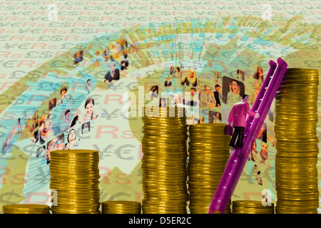 Münze-Stack mit Pfeil, Bargraph, Mann mit Leiter Konzept Stockfoto