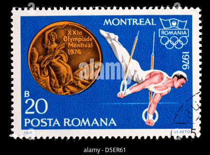 Briefmarke aus Rumänien Darstellung ein Turner an den Ringen, ausgestellt für den Olympischen Spielen 1976 in Montreal, Kanada Stockfoto