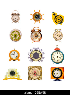 verschiedene original Vintage Uhr und Wecker Designkollektion isoliert auf weiss Stockfoto