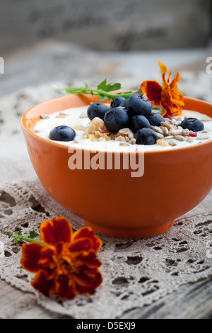 Joghurt mit frischen Heidelbeeren und Früchte-Müsli Stockfoto