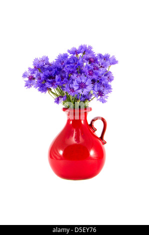 schöne rote Keramik Vase und Kornblumen isoliert auf weiss Stockfoto