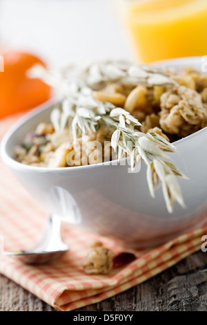 Frühstück mit frischen Müsli und Orangensaft Stockfoto