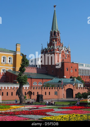 Der Aleksandrowski Garten in Moskau, Russland, Blick auf die Dreifaltigkeit (Troitskaya) Turm im Kreml in Moskau, Russland Stockfoto