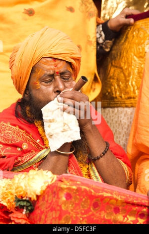 Sadhu Rauchen eine Chilam während der ersten königlichen Bad-Prozession in Kumbh Mela Festival, Allahabad, Uttar Pradesh, Indien Stockfoto