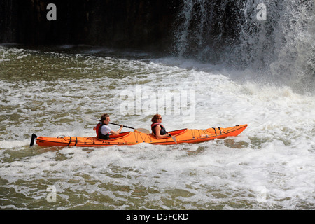 Kajakfahren im Haruru Falls am Fluss Waitangi in Northland. Stockfoto