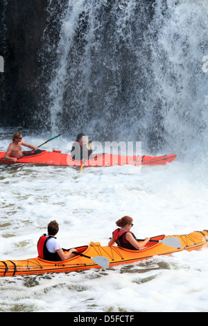 Kajakfahren im Haruru Falls am Fluss Waitangi in Northland. Stockfoto