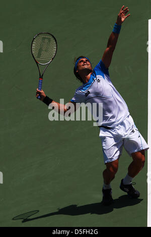 Miami, Florida, USA. 31. März 2013. David Ferrer von Spanien dient gegen Andy Murray von Great Brittain in der Herren Finale bei den Sony Open im Crandon Park Tennis Center am 30. März 2013 in Key Biscayne, Florida. (Bild Kredit: Kredit: Joe Scarnici/ZUMAPRESS.com/Alamy Live-Nachrichten) Stockfoto