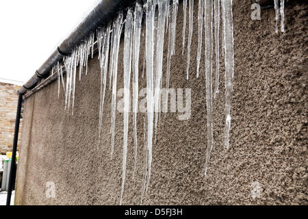 Yorkshire, Vereinigtes Königreich. 1. April 2013. Eiszapfen dominieren die Landschaft der Yorkshire Dales.  Eiszapfen an Dachrinnen Credit ausgebildet: Paul Thompson/Alamy Live News Stockfoto