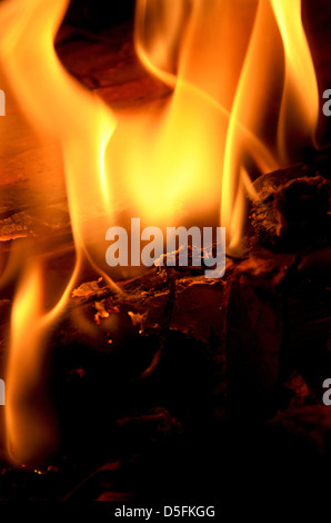 Detailansicht der Holzverbrennung. Stockfoto