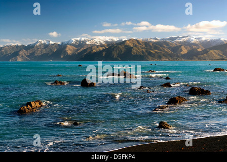 Felsiger Strand in Kaikoura, Blick nach Süden in Richtung Christchurch. Südinsel, Neuseeland Stockfoto