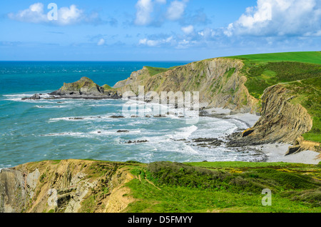 Blegberry Strand betrachtet von Dyer Lookout in der Nähe von Hartland Quay, Devon, England. Stockfoto