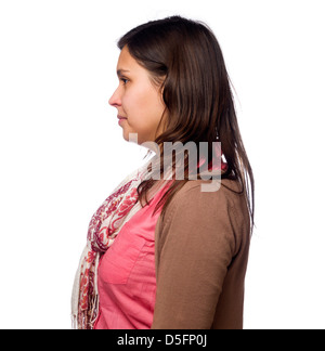 Profilbildnis junge Frau trägt ein rosa Hemd Stockfoto