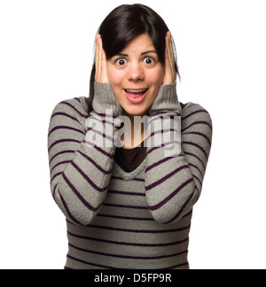 Porträt einer überrascht, junge Frau mit den Händen auf Kopf, Blick in die Kamera ungläubig Stockfoto