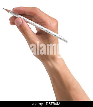 eine Hand mit Stift Papier schreiben, isoliert auf weiß mit textfreiraum und Clipping-Pfad Stockfoto