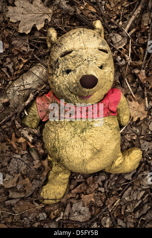 Winnie The Pooh Stofftier verlassen im Wald Stockfoto