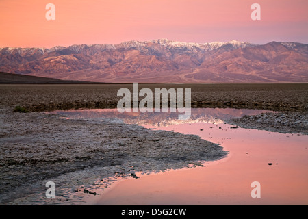 Telescope Peak (11.049 ft.) und Panamint Range spiegelt sich im Teich, Badwater Basin, Death Valley Nationalpark, Kalifornien USA Stockfoto