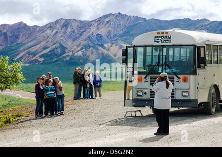 Touristen fotografieren am steinigen Hügel übersehen. Bus Shuttle Besucher auf den begrenzten Zugang Denali Park Road, Nat ' l Denali Park, AK Stockfoto