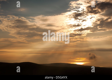 Isle Of Man, Snaefell, Blick westlich vom Gipfel bei Sonnenuntergang Stockfoto