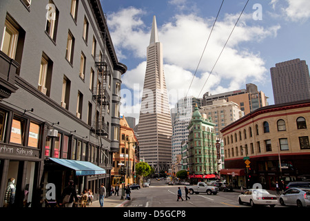 Transamerica Pyramid und Columbus Avenue in San Francisco, Kalifornien, Vereinigte Staaten von Amerika, USA Stockfoto