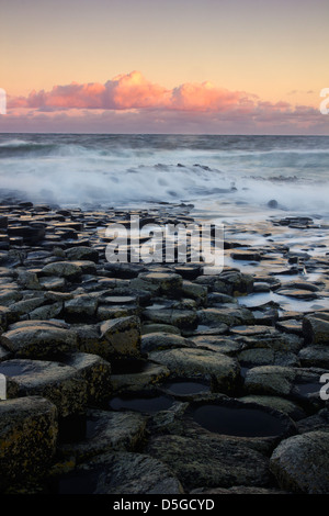 Sunrise-Töne bei der berühmten Giant es Causeway - auf die Antrim Küste Nordirlands - UNESCO-Weltkulturerbe. Stockfoto