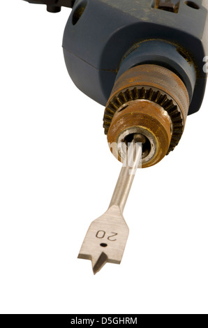 rostige Retro-Bohrmaschine Werkzeugkopf mit Holz etwas Closeup isoliert auf weißem Hintergrund Stockfoto