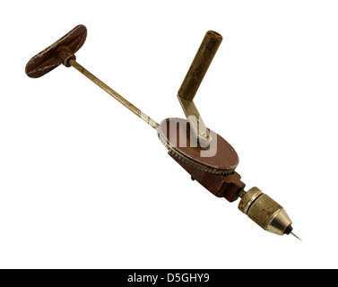 Retro-manuelle Bohrmaschine Handwerkzeug isoliert auf weißem Hintergrund Stockfoto