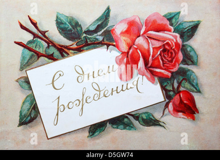 Vintage 'Happy Birthday' Postkarte mit Blumen, Russland Stockfoto