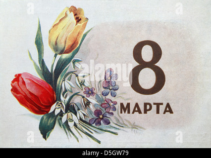 Alte Ansichtskarte "8. März" mit Blumen, Russland Stockfoto
