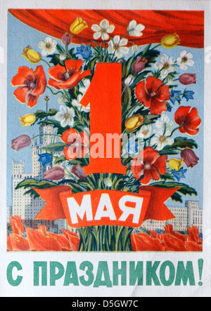 Ansichtskarte "1. Mai" mit Blumen, Russland Stockfoto