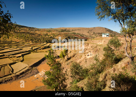 Madagaskar, Ambatolampy, Fluss fließt durch Agrarlandschaft Stockfoto