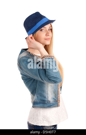 Porträt der jungen Frau in blauen Hut Stockfoto