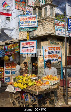 Mann verkaufte Früchte von einem Karren vor Hand gemalt Werbeschilder, Pushkar Mela, Pushkar, Rajasthan, Indien Stockfoto
