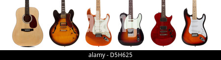 Eine Gruppe von sechs verschiedene Gitarren auf weißem Hintergrund Stockfoto
