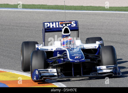 Brasilianische F1-Fahrer Rubens Barrichello von Williams während Performance tests mit der neuen 2010-Auto auf der Rennstrecke in Valencia, Spanien, 1. Februar 2010. Siebenfache Formel1 Weltmeister Schumacher ist wieder am Netz, nach drei Jahren pause für den neuen Mercedes-GP-Team ab. Formel, die die erste Rennen im Jahr 2010 am 14. März in Bahrain, Vereinigte Arabische Emirate stattfinden wird. Foto Stockfoto