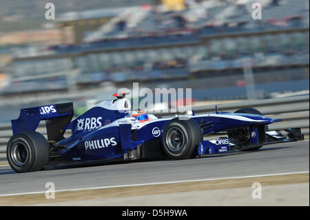 Brasilianische Formel-1-Pilot Rubens Barrichello von Williams bei einer Testfahrt auf "Circuito De La Comunitat Valenciana" Rennstrecke in Valencia, Spanien, 3. Februar 2010 abgebildet. Die Formel-1-Saison 2010 beginnt in Bahrain am 14. März 2010. Foto: David Ebener Stockfoto