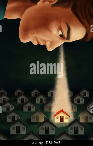 Anschauliches Bild des Mannes Haus repräsentieren Immobilien-Geschäft im Auge behalten Stockfoto