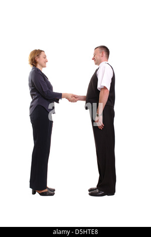 Unternehmerin und Unternehmer tun Handshake über weißem Hintergrund Stockfoto