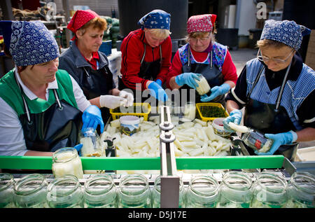 Frauen setzen Senf Gurken in Gläser Spreewaldmueller GmbH & Co. kg in Lübbenau, Deutschland, 21. September 2012. An vielen Orten im Spreewald ist Produktion noch von hand durchgeführt. Mitarbeiter des Familienunternehmens Spreewaldmueller füllen rund 4.000 Gläser komplett per Hand jeden Tag. Foto: Patrick Pleul Stockfoto