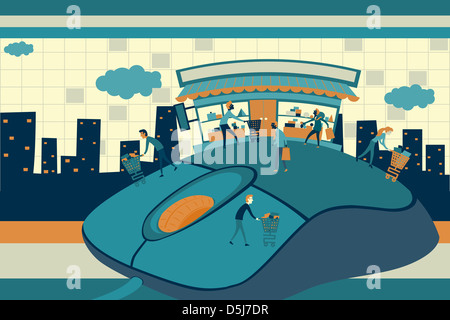 Anschauliche Darstellung von Menschen auf Computer-Maus für Online-shopping Stockfoto