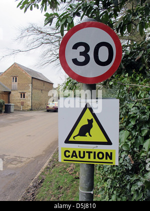 30 km/h Geschwindigkeit Zeichen zu begrenzen und Warnung von Katzen überqueren auf einer Straße im ländlichen England zu unterzeichnen. Stockfoto