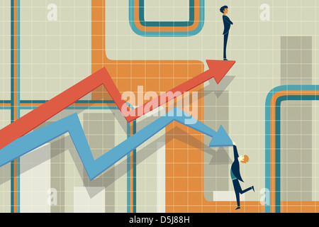 Anschauliches Bild von Geschäftsleuten und Pfeile repräsentieren steigen und fallen in Börse Stockfoto