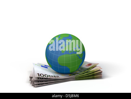 3D Render eine kleine Weltkugel oben auf einem Stapel von 100 Euro-Scheine. Stockfoto