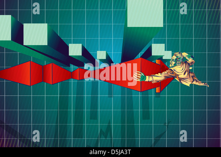 Illustration der Geschäftsmann Klettern Pfeilzeichen von Balkendiagramm, Wiederherstellung der Verlust darstellt Stockfoto
