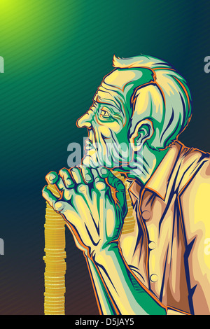 Anschauliches Bild von senior Mann hält Stock bestehend aus Münzen, Altersvorsorge darstellt Stockfoto