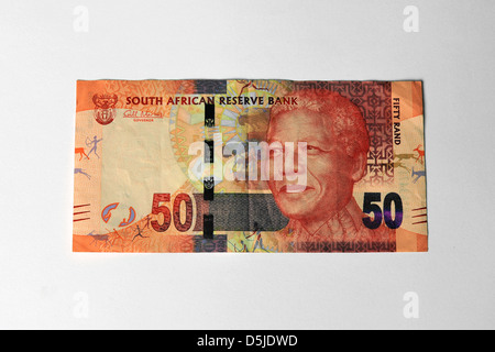 Die neu gestaltete südafrikanischen 50 Rand Banknote mit dem Gesicht von Nelson Mandela auf der Vorderseite. Stockfoto