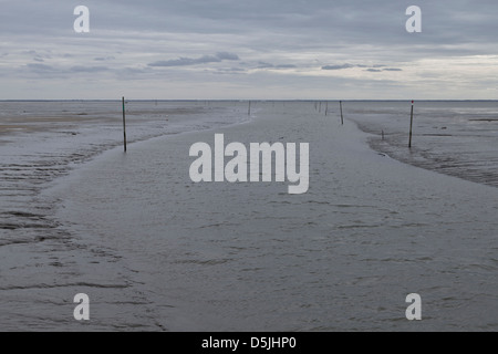 Einen Kanal gekennzeichnet durch Holzpfosten bei Ebbe am Hafen von Andernos Les Bains, Gironde, Frankreich Stockfoto